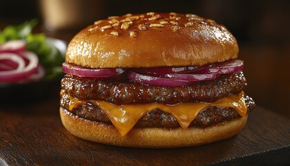 a delicious cheeseburger with melted cheddar, grilled beef patties, and fresh onions, served on a to