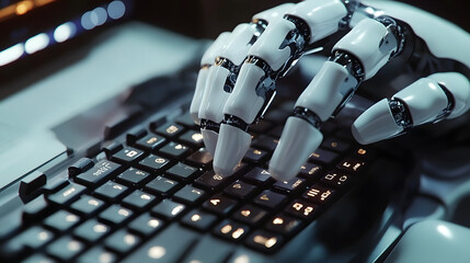 Wall Mural - artificial intelligence android robot hands writing text on compurter keypad.