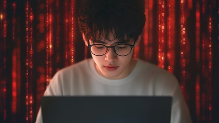 Intense focus: A young coder immersed in lines of digital code, illuminated by a vibrant red matrix backdrop.