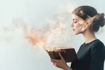 Enchanted Book: A young woman reads, mystical smoke swirling from its pages, a captivating scene of fantasy and wonder.