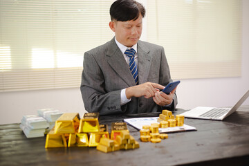 Illustration of businessman working hard with gold bars, evaluating investments and transactions in financial office, demonstrating asset allocation and precious metals trading strategies.