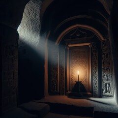 Wall Mural - AI generated Within the dim, ancient relief stone chamber, a beam of light from the setting sun illuminates the entrance, revealing the eerie contours of the medieval architecture