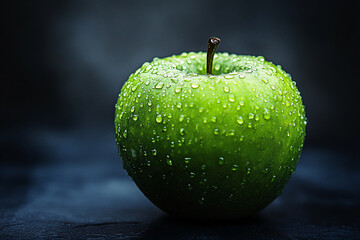 Wall Mural - close up of wet green apple granny smith on the dark background