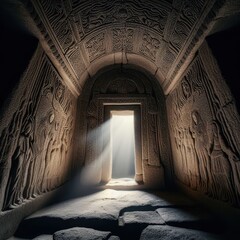 Wall Mural - AI generated Within the dim, ancient relief stone chamber, a beam of light from the setting sun illuminates the entrance, revealing the eerie contours of the medieval architecture