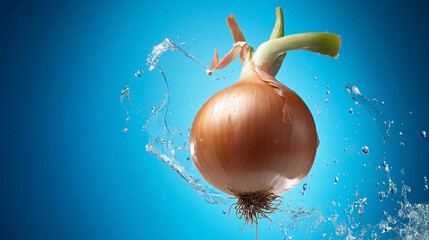 Onion in the air on a blue background with water drops around