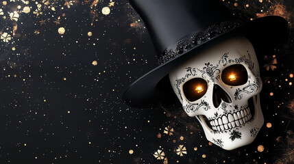 skull with lighting eyes and a black elegant hat 