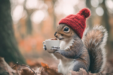 close up of cute squirrel in red knitted hat holding cup of coffee over autumn forest background