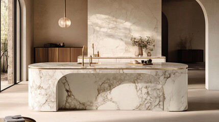 Poster - A beautiful modern light white kitchen. Photo interior modern white marble kitchen design. Elegant Classic White Kitchen with Timeless Marble Accents 