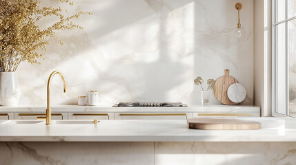 Poster - A beautiful modern light white kitchen. Photo interior modern white marble kitchen design. Elegant Classic White Kitchen with Timeless Marble Accents 