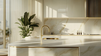 Poster - A beautiful modern light white kitchen. Photo interior modern white marble kitchen design. Elegant Classic White Kitchen with Timeless Marble Accents 