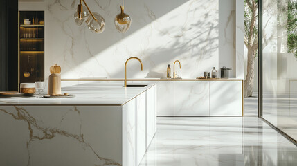 Poster - A beautiful modern light white kitchen. Photo interior modern white marble kitchen design. Elegant Classic White Kitchen with Timeless Marble Accents 