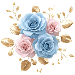 Wall Mural - Elegant floral arrangement with pastel roses and gold leaves on transparent background for decor