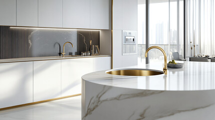 Poster - A beautiful modern light white kitchen. Photo interior modern white marble kitchen design. Elegant Classic White Kitchen with Timeless Marble Accents 
