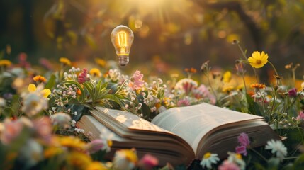 Wall Mural - illuminated book surrounded by flowers with a light bulb floating above