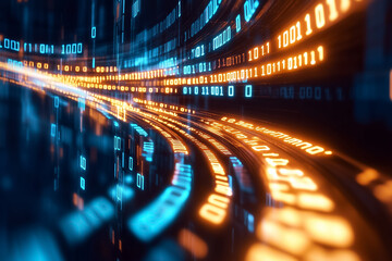 Binary code streams fluidly across a vibrant digital background, illuminating an abstract data realm