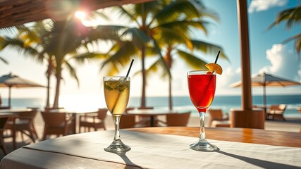 Two Tropical Cocktails on a Table With a Beach View and Palm Trees in the Background