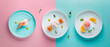 © IonelV - Vibrant plates, each adorned with unique colors and garnishes, illusion of delightful dining table