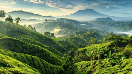 Wall Mural - rolling green tea hills with fog and a distant mountain peak