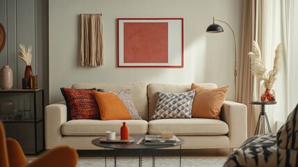 Warm and cozy living room interior with red mock up poster frame, copy space, stylish beige sofa, patterned pillow, coffee table and personal accessories