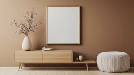 Warm and cozy living room interior with mock up poster frame, wooden sideboard, brown wall, pouf, vase with branch and personal accessories home decor template