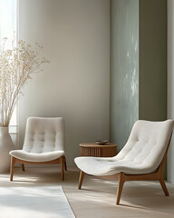 Minimalist, scandinavian interior design of modern living room. Two stylish lounge chairs in corner.