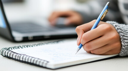 Close-up hand writing on notebook with laptop in background for remote work or study