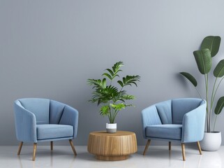 Two blue armchairs facing each other with a round wooden coffee table and potted plants on a grey wall and white floor