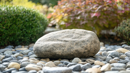 Tranquil garden rock on pebbled ground with lush foliage in background