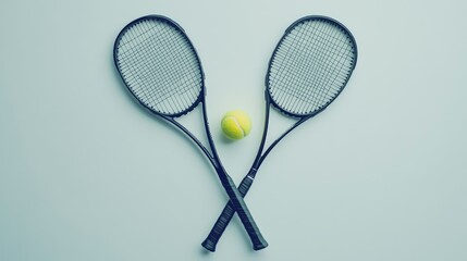 A flat lay of two crossed tennis racquets with a tennis ball in the middle, isolated on a white background, highlighting the simplicity of the sport.