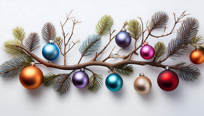 Wall Mural - isolated christmas decorations feature a bare tree branch surrounded by colorful bauble_1(411)