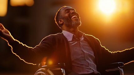 Joyful Man in Wheelchair Under Sunset Glow