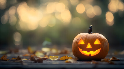 Sticker - Happy halloween with pumpkin on bokeh background with copy space