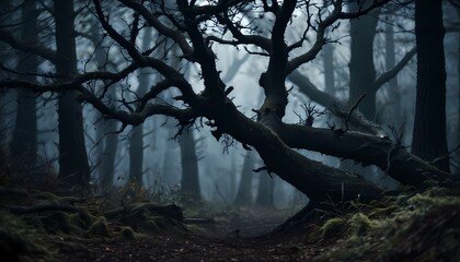 Dark, creepy fairytale forest, scary dry crooked trees