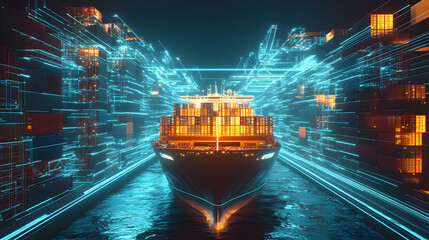 Futuristic cargo container ships utilize technology for global logistics, employing world maps and supply chain networks