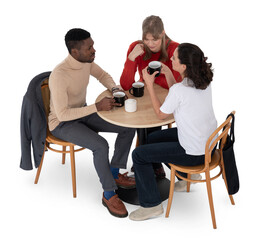 Group of friends sitting in a café and talking isolated on white background seen from above