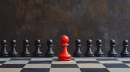 Wall Mural - A striking red chess pawn stands alone, surrounded by black pieces, symbolizing individuality and standing out from the crowd