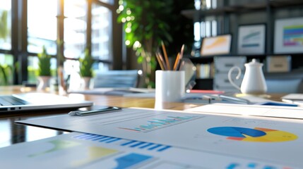 Wall Mural - business plan documents spread across a modern office table, showcasing company growth ideas