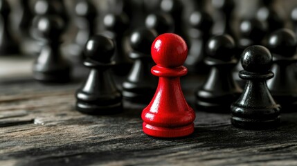 Wall Mural - A vibrant red chess pawn stands out in contrast to a group of black pieces, illustrating the concept of being different