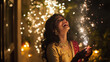 © mohammad - A beautiful Indian girl wearing a gold and red sari stands outside the house, smiling as she lights a firecracker in her hand, the light of the firecracker softly illuminates her face, diwali