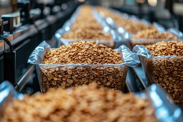 Close-up of Oatmeal in Plastic Bags on a Conveyor Belt in a Factory