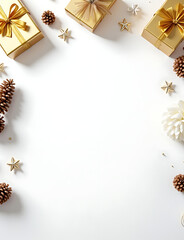 Aufkleber - Gold and white Christmas decorations on a flat lay backdrop for product photography featuring festive items like presents and pine cones.