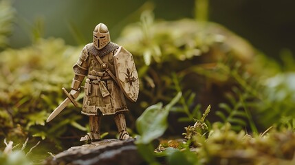 Wooden knight figure ready for battle on miniature battlefield