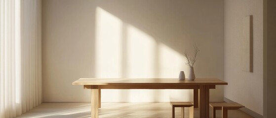 A wooden table with two vases on it sits in a room with a white wall