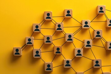 Wall Mural - flat layout showing human icons connected by black threads on a bright yellow background, symbolizin
