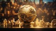 © Sjudy - Visualize a luxurious scene where a golden globe represents the global gold market, surrounded by shimmering gold bars and intricate, ornate patterns.