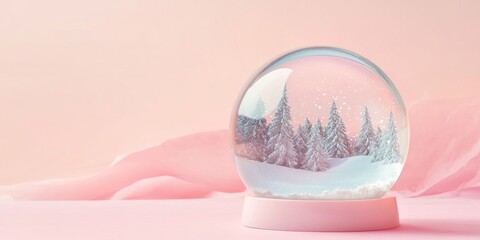 Wall Mural - A crystal-clear snow globe showcasing a winter scene, placed on a soft pastel background, evoking feelings of nostalgia and warmth