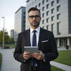 Confident business man in glasses and suit using tablet outdoors with modern office building in background. Concept of professional success, technology, and business lifestyle.