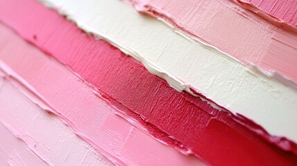 A close-up of layered paint swatches in various shades of pink, exhibiting textured strokes and a soft color gradient.