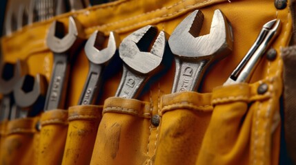 An array of different sized wrenches and pliers resting in a tool belts front pockets.