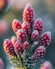 Frosty Red Pine Cones Close Up   Winter Nature Photography